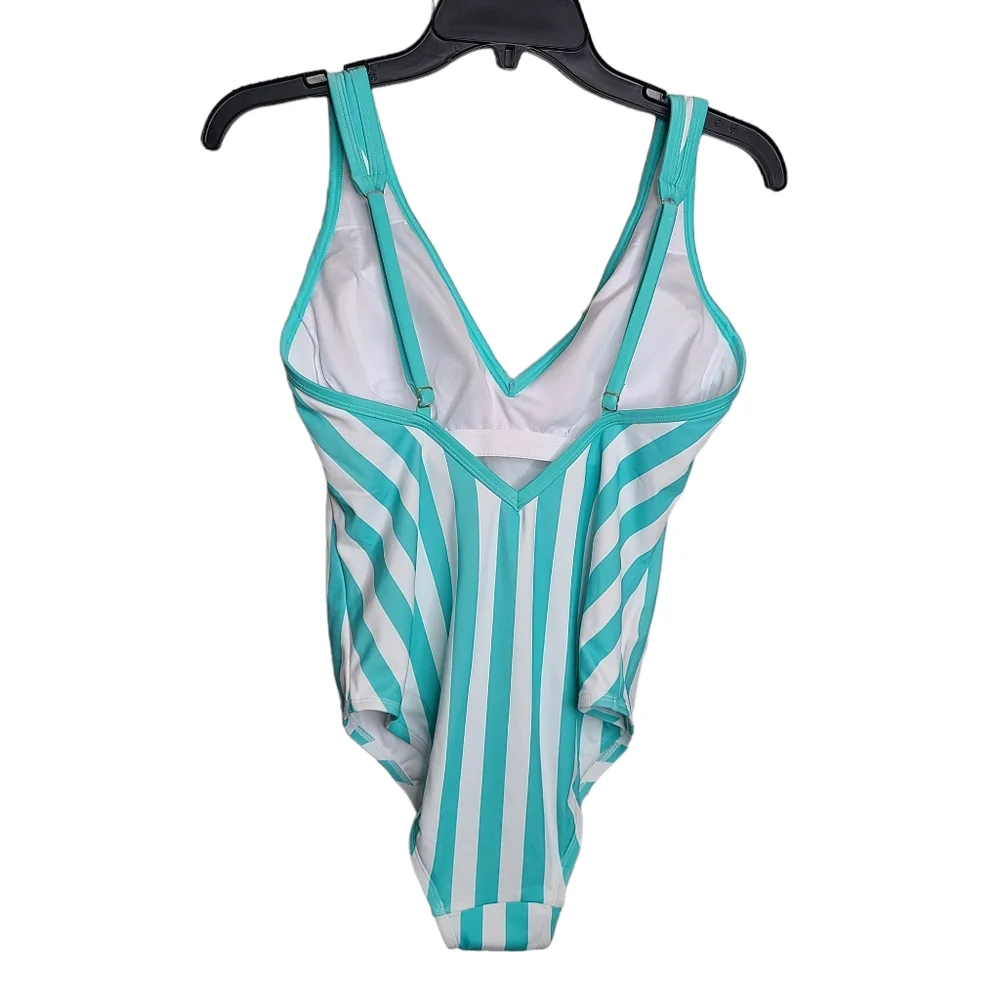 Kona Sol Aqua White Striped One Piece Swimsuit NWT Ladies Size Medium 8/10 - Picture 6 of 15